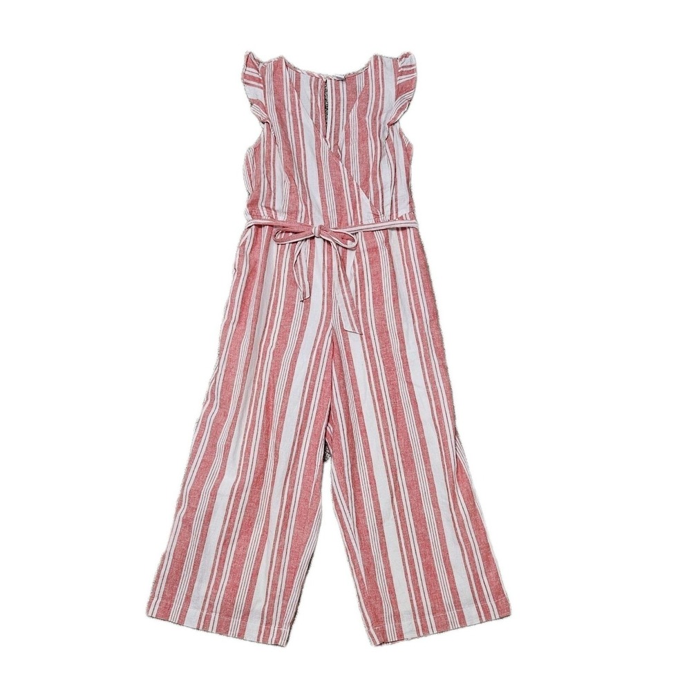 Old Navy Jumpsuit Womens M Red Stripe Linen Blend Ruffle Wrap Wide Leg Pockets